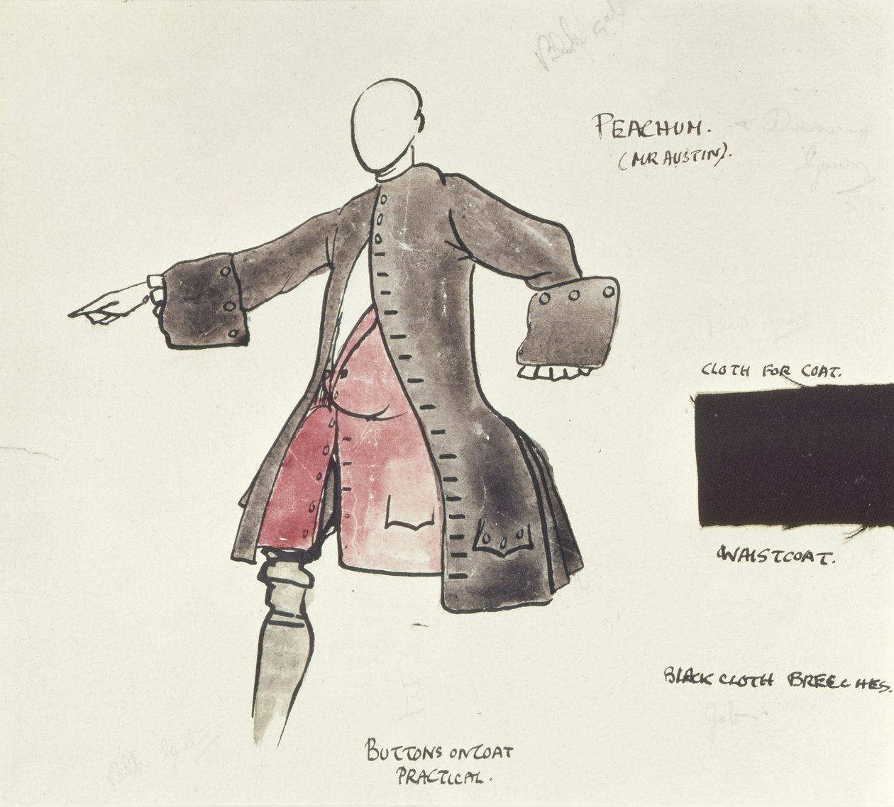 Kostumedesign til Peacham i The Beggars Opera, 1921 (pen, blæk & wc på papir) af Claud Lovat Fraser