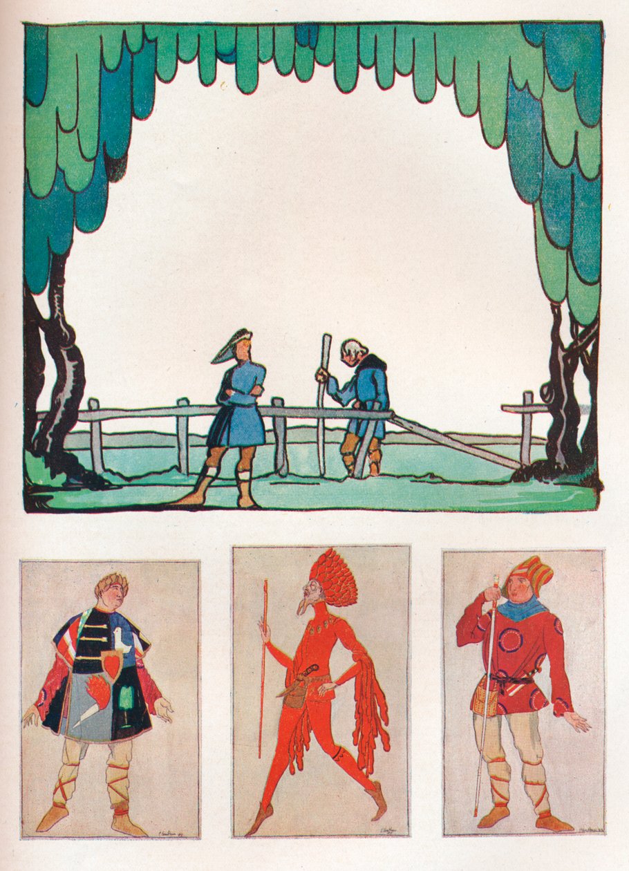 Scenery for As You Like It Act I, Scene I og Costumes of Amiens and Lebeau, 1919 af Claud Lovat Fraser