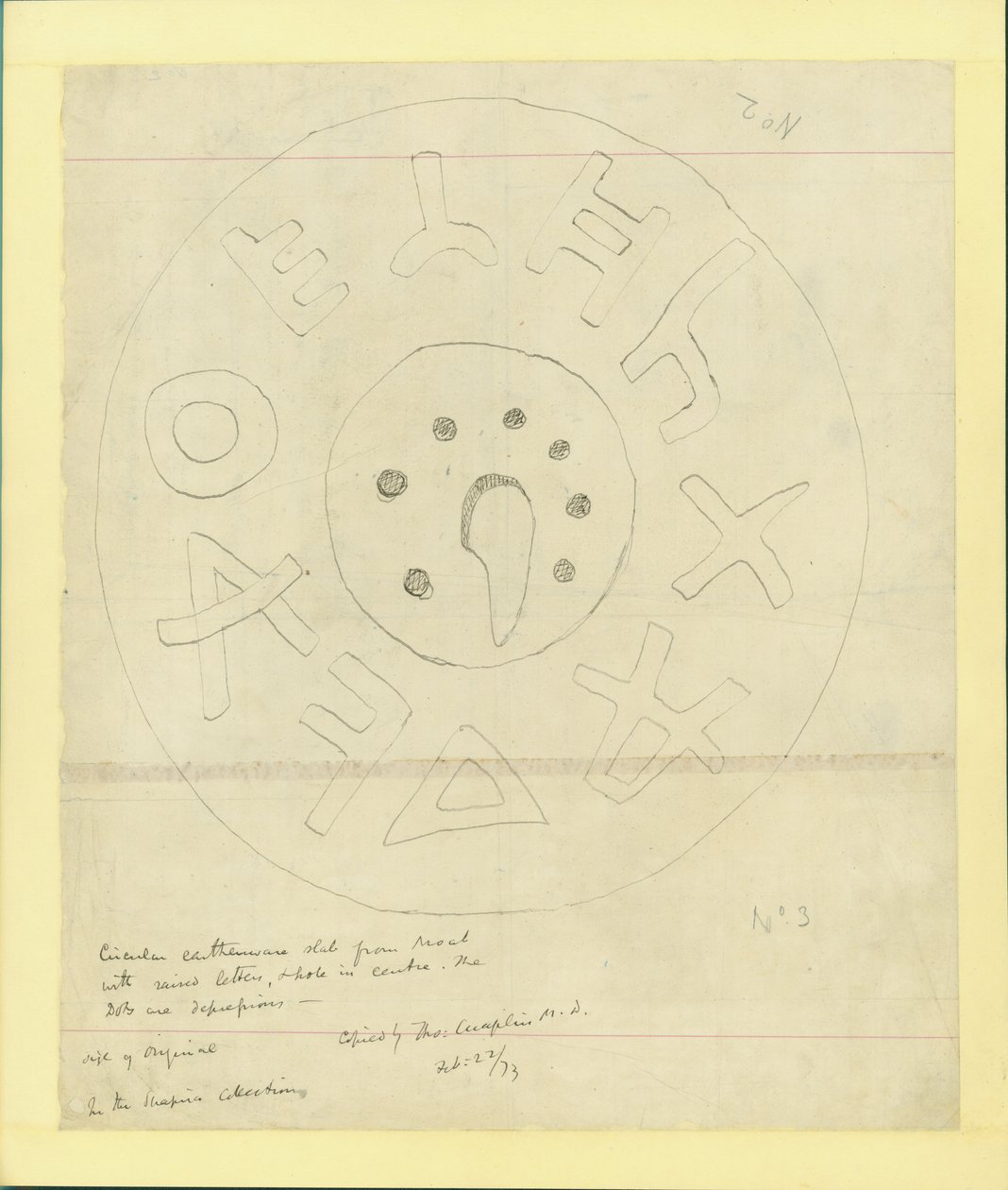 Cirkulær lertøjsplade fra Moab fra Shapiras 2. samling, 1873 (wc og blyant på papir) af Claude Conder