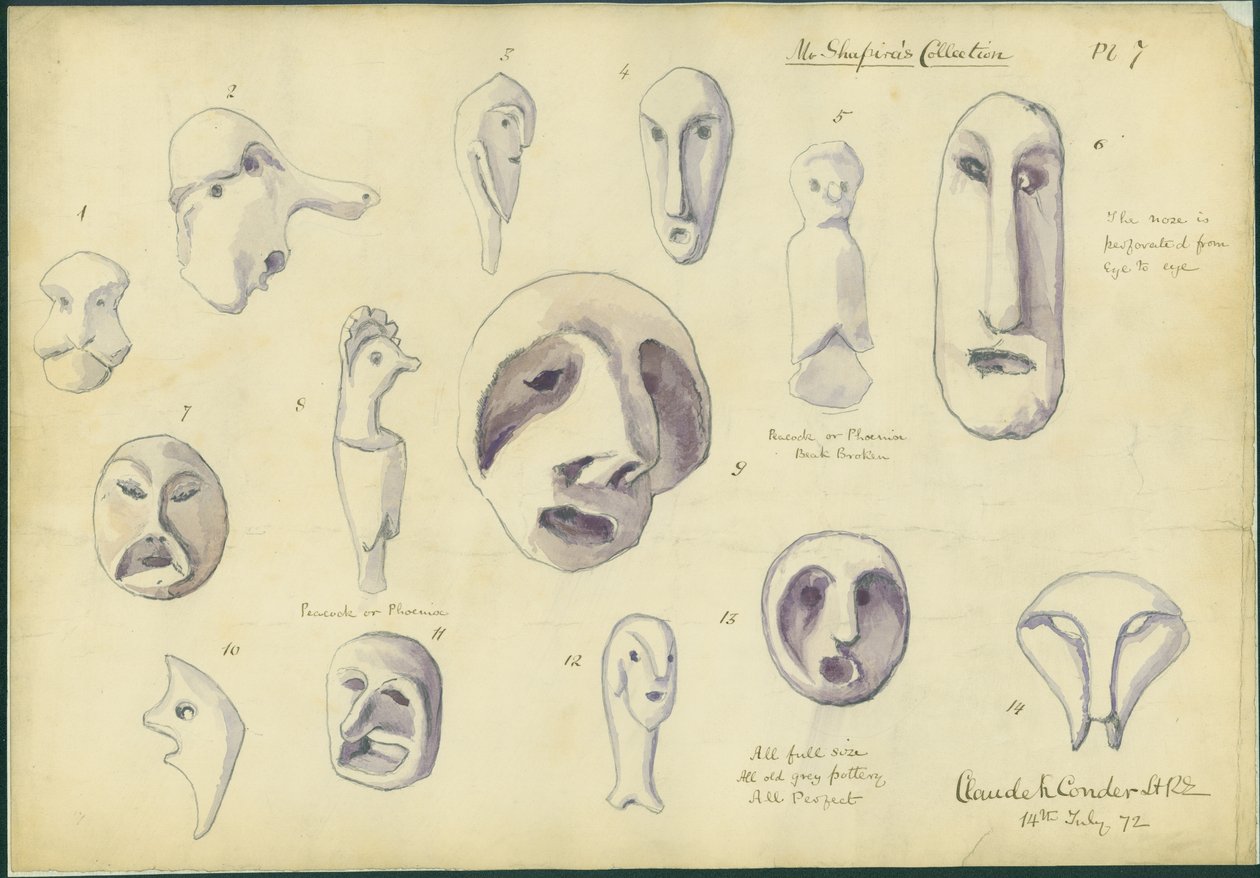 Idoler fra hr. Shapiras samling, plade 7, 1872 (wc og blyant på papir) af Claude Conder