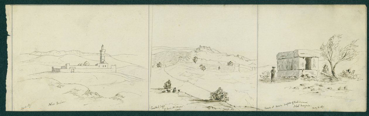 LtoR: Nebi Musa, Castle of Safety and Tomb of Kalata, 1871 af Claude Conder
