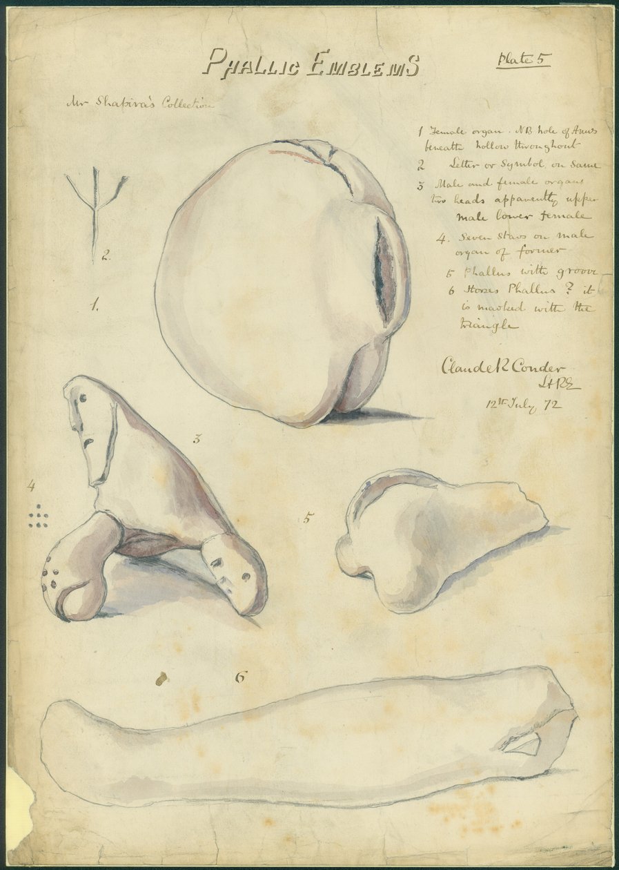 Falliske emblemer, hr. Shapiras samling, plade 5, 1872 (wc og blyant på papir) af Claude Conder