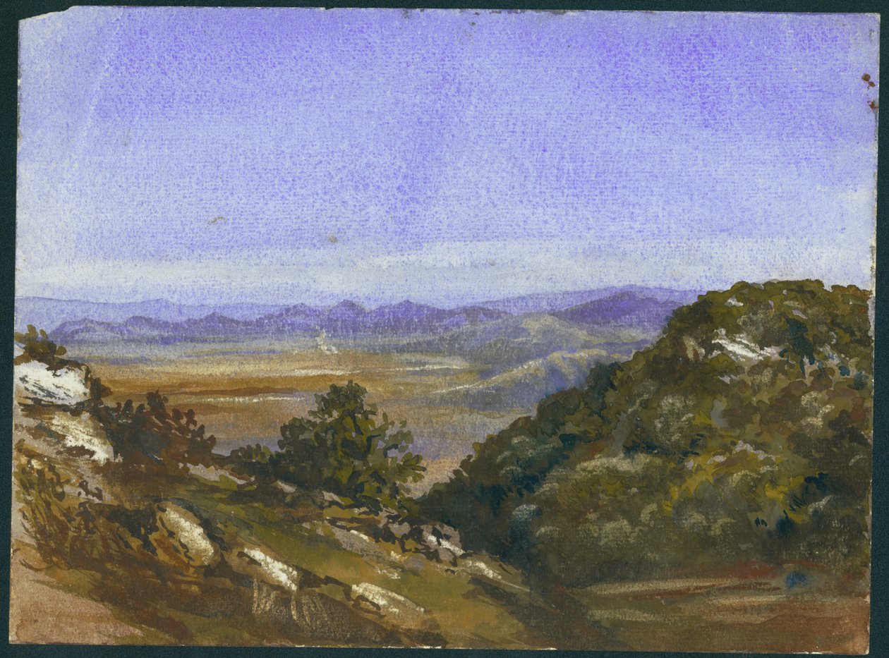 Mahrakah og udsigt over sletten til Jizreel, 1872 (wc og blyant på papir) af Claude Conder