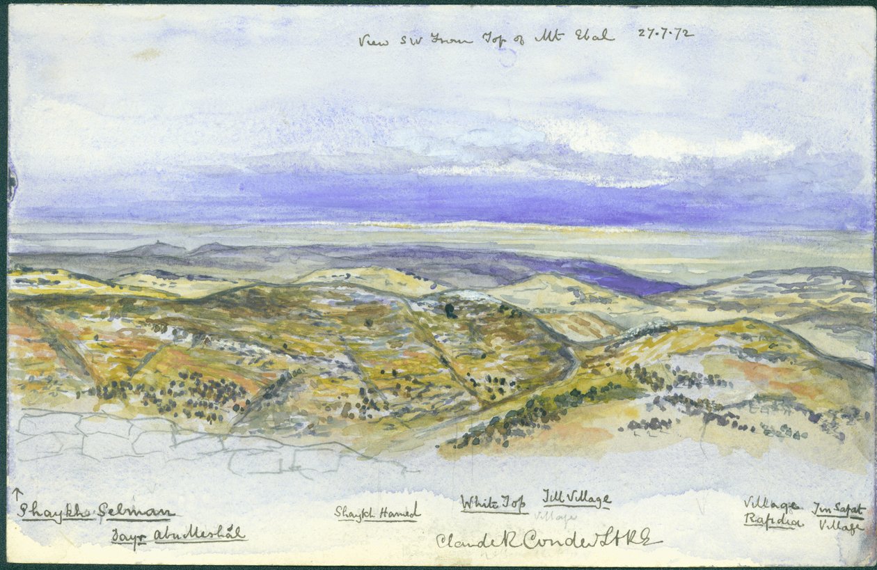 Udsigt fra sydvest fra toppen af Ebal-bjerget, 1872 (wc og blyant på papir) af Claude Conder