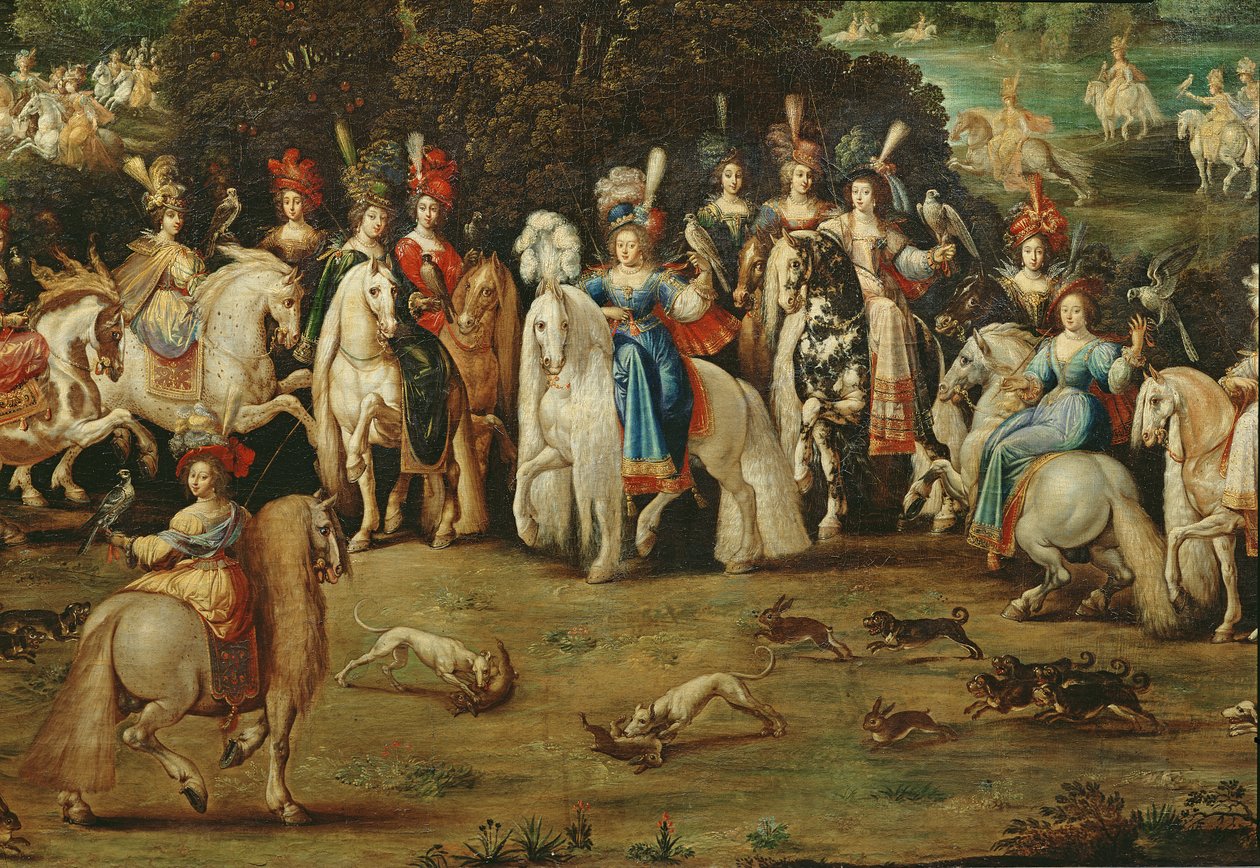 Luft, detalje af en gruppe kvinder i midten og hunde på jagt efter harer, ca. 1640-41 af Claude Deruet