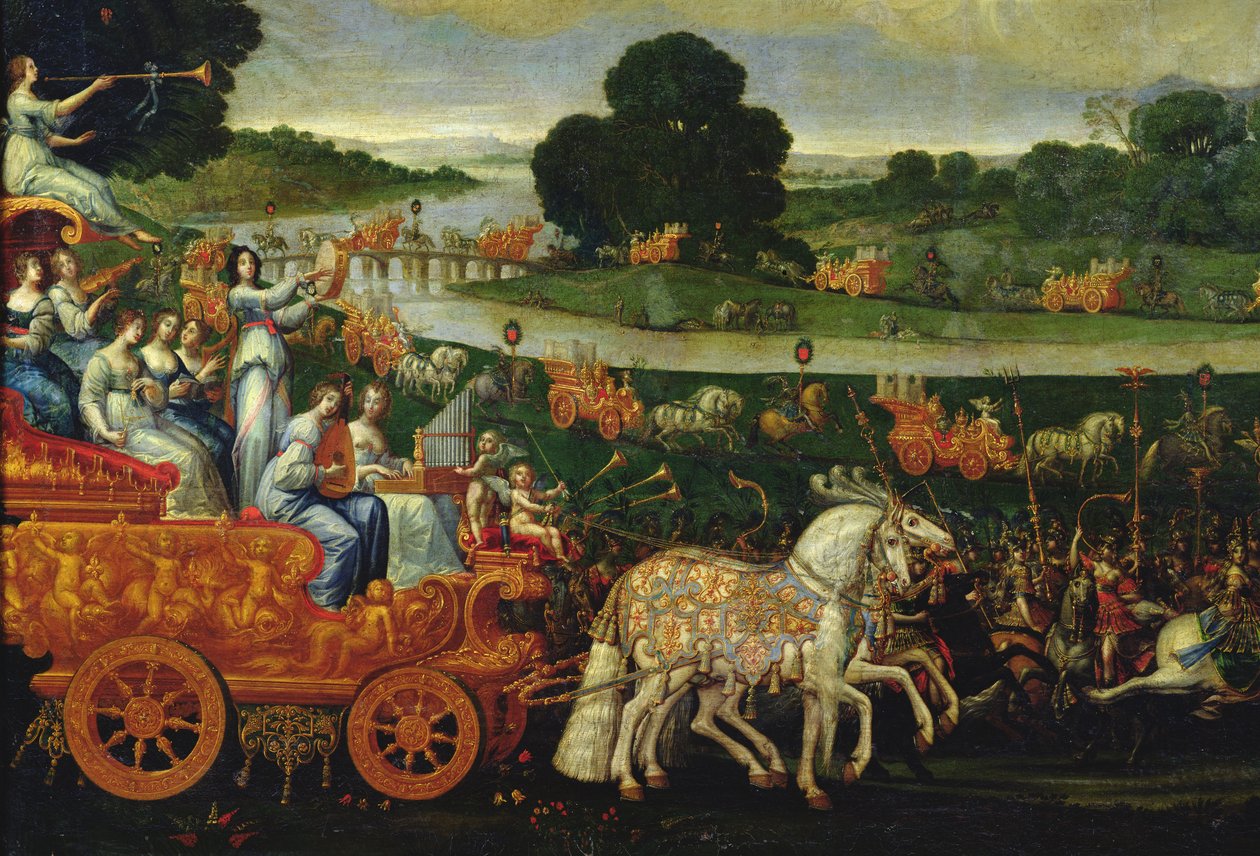 Jord, detalje af venstre vogn med ni muser, ca. 1640-41 af Claude Deruet