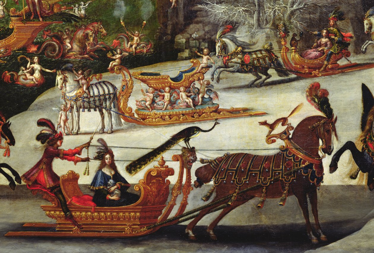 Vand, detalje af en påfugl på en slæde, ca. 1640-41 (detalje af 387338) af Claude Deruet