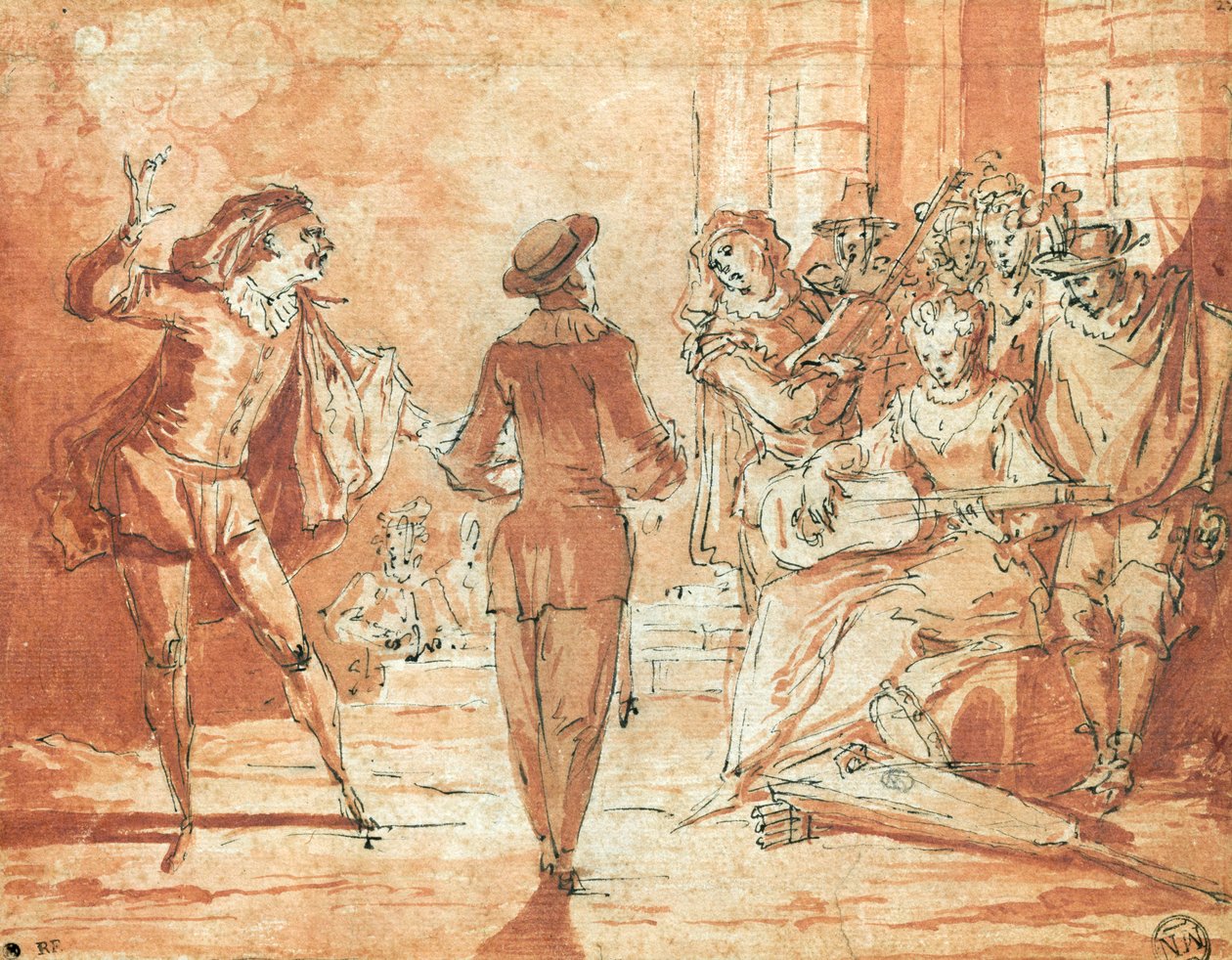 Teaterscene (pen og blæk og sangvin på papir) af Claude Gillot