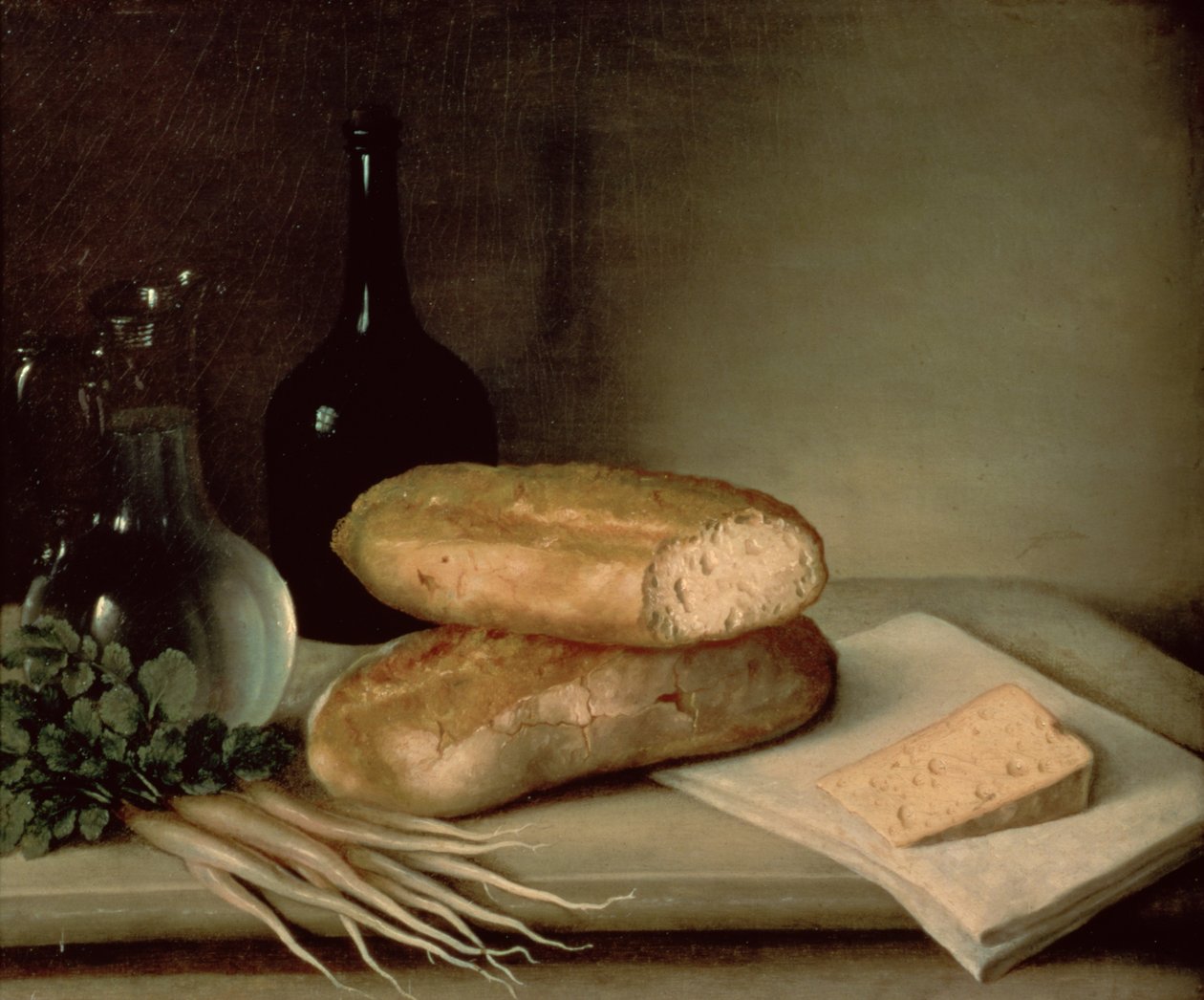Stilleben med brød, ost og en flaske vin af Claude Joseph Fraichot