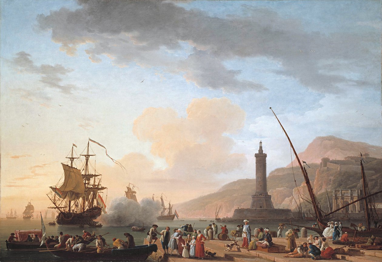En havn ved solnedgang Português af Claude Joseph Vernet