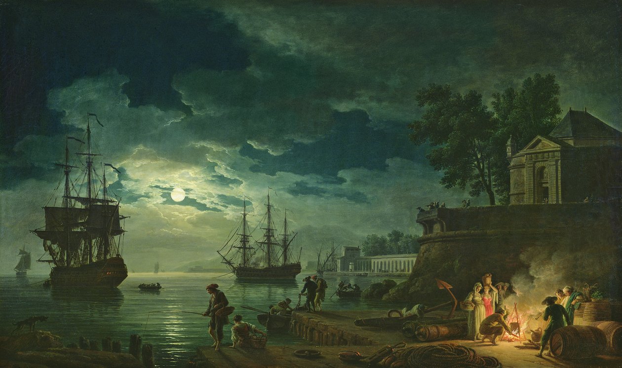 Nat: En havn i måneskin, 1748 af Claude Joseph Vernet