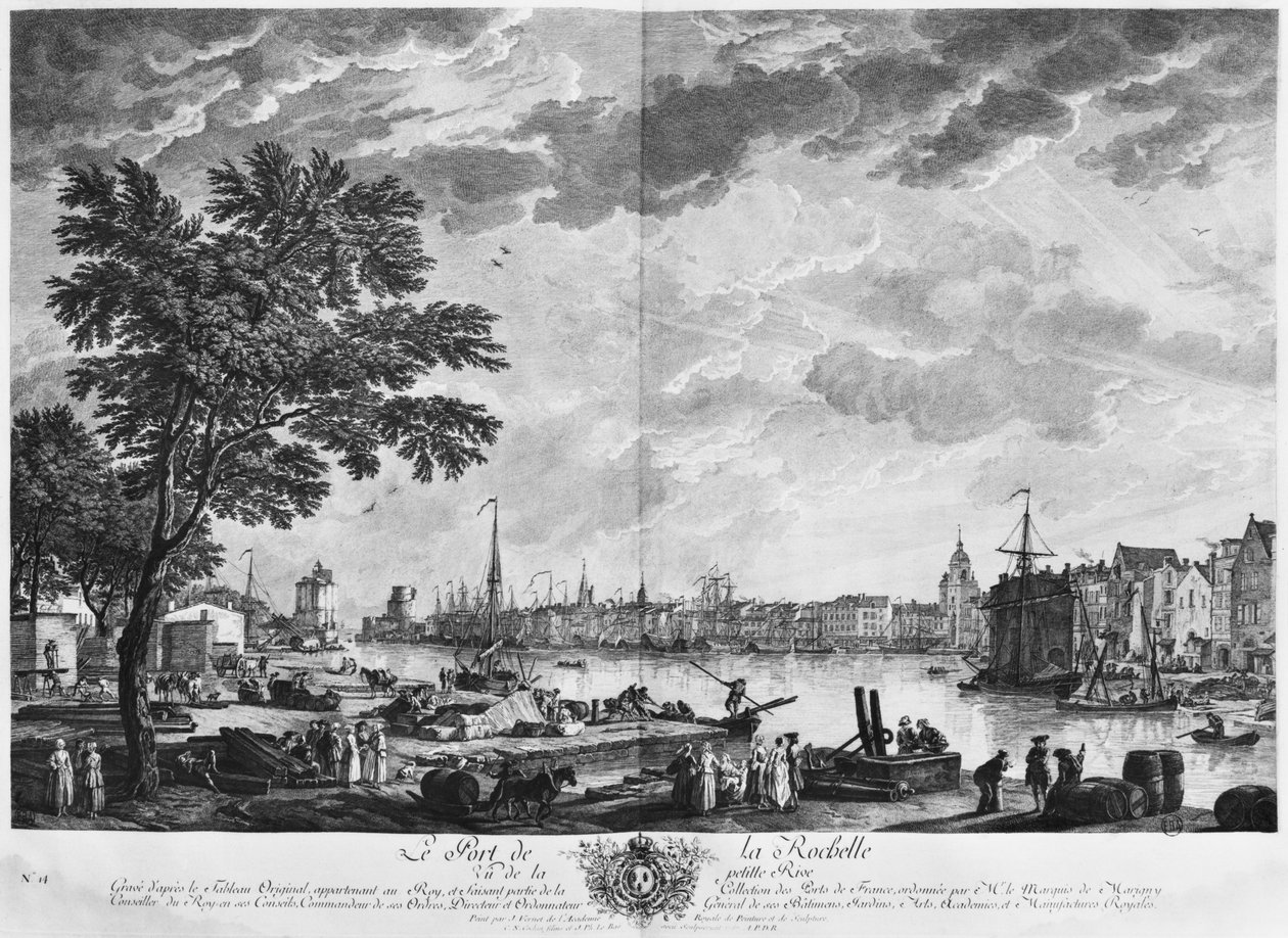 Havnen i La Rochelle, set fra den lille kyst, serie af "Les Ports de France", graveret af Charles Nicolas Cochin den Yngre (1715-90) og Jacques Philippe Le Bas (1707-83) 1767 (etching und burin) af Claude Joseph Vernet