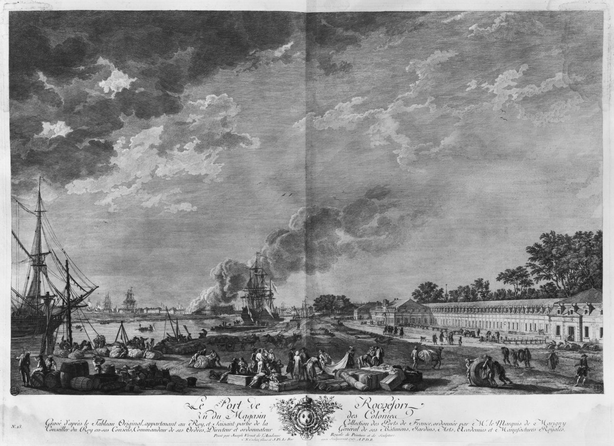 Havnen i Rochefort, set fra koloniernes lager, serie af "Les Ports de France", graveret af Charles Nicolas Cochin den yngre (1715-90) og Jacques Philippe Le Bas (1707-83) 1767 (etching und burin) af Claude Joseph Vernet