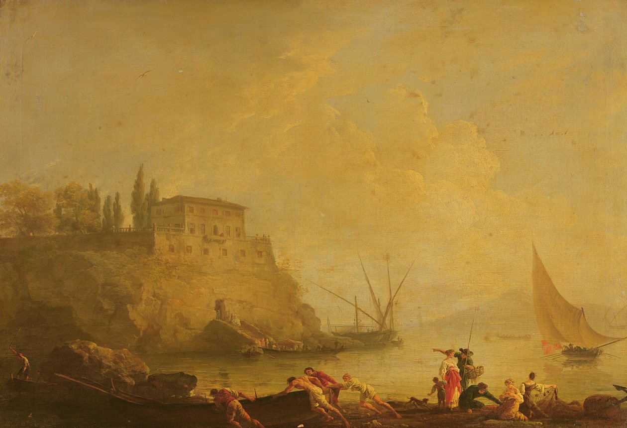 Havlandskab, solnedgang: fiskere skubber en båd ud af Claude Joseph Vernet