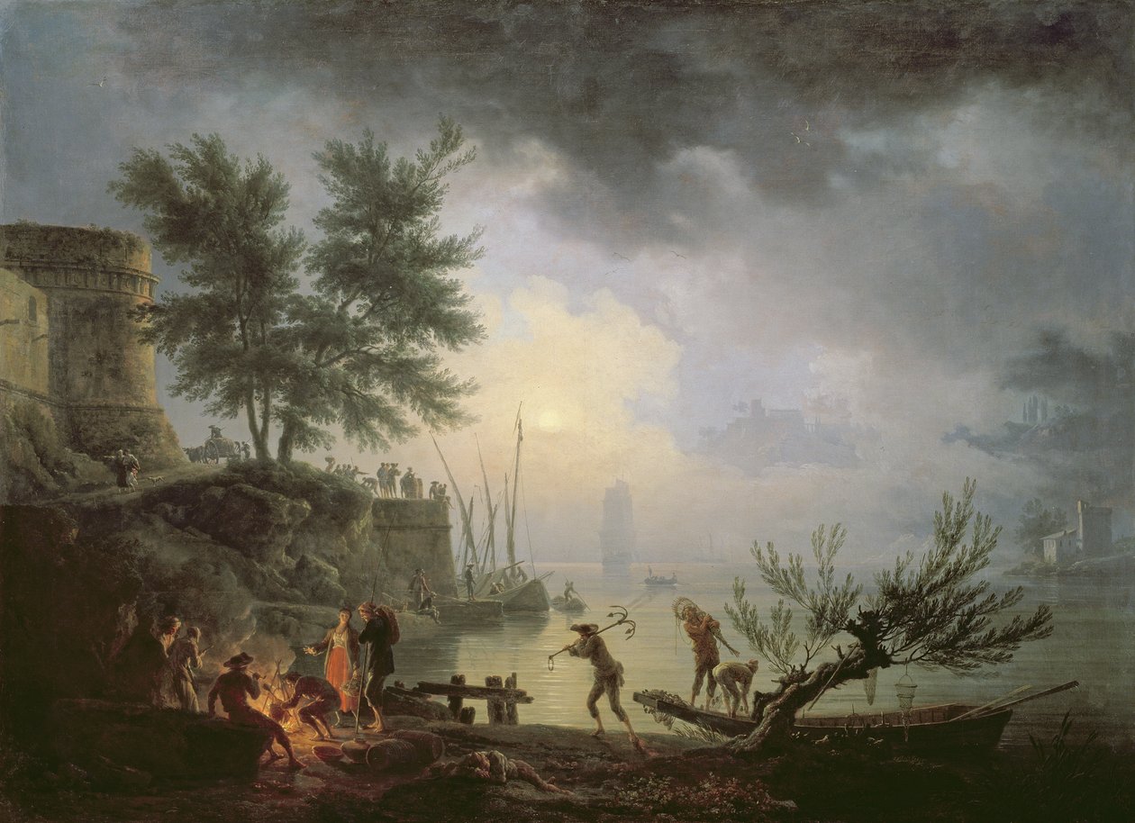 Solopgang, en kystscene med figurer omkring en ild, 1760 af Claude Joseph Vernet