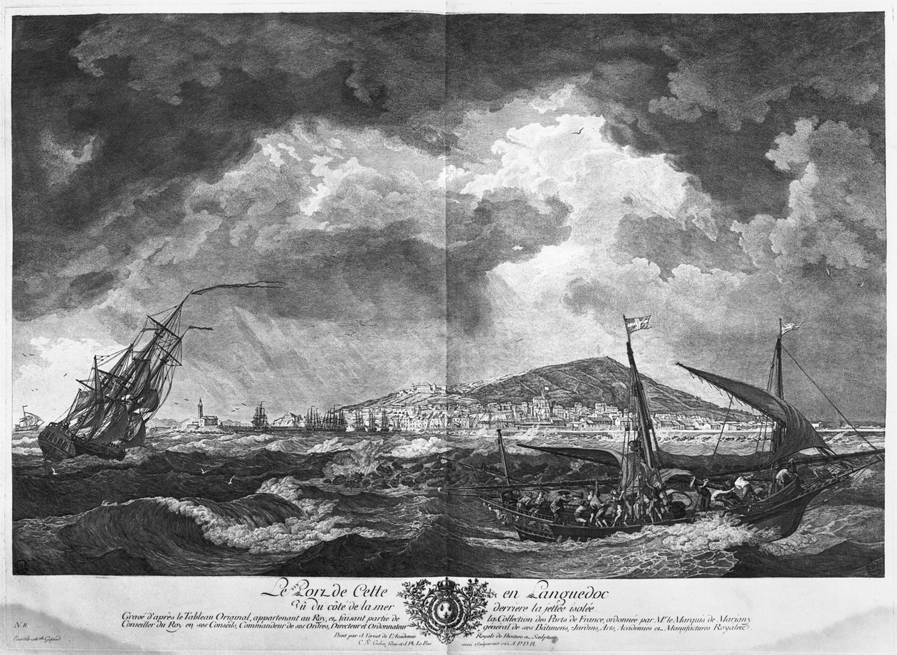 Havnen i Cette i Languedoc set fra havet bag den isolerede mole, serie af "Les Ports de France", graveret af Charles Nicolas Cochin den yngre (1715-90) og Jacques Philippe Le Bas (1707- af Claude Joseph Vernet