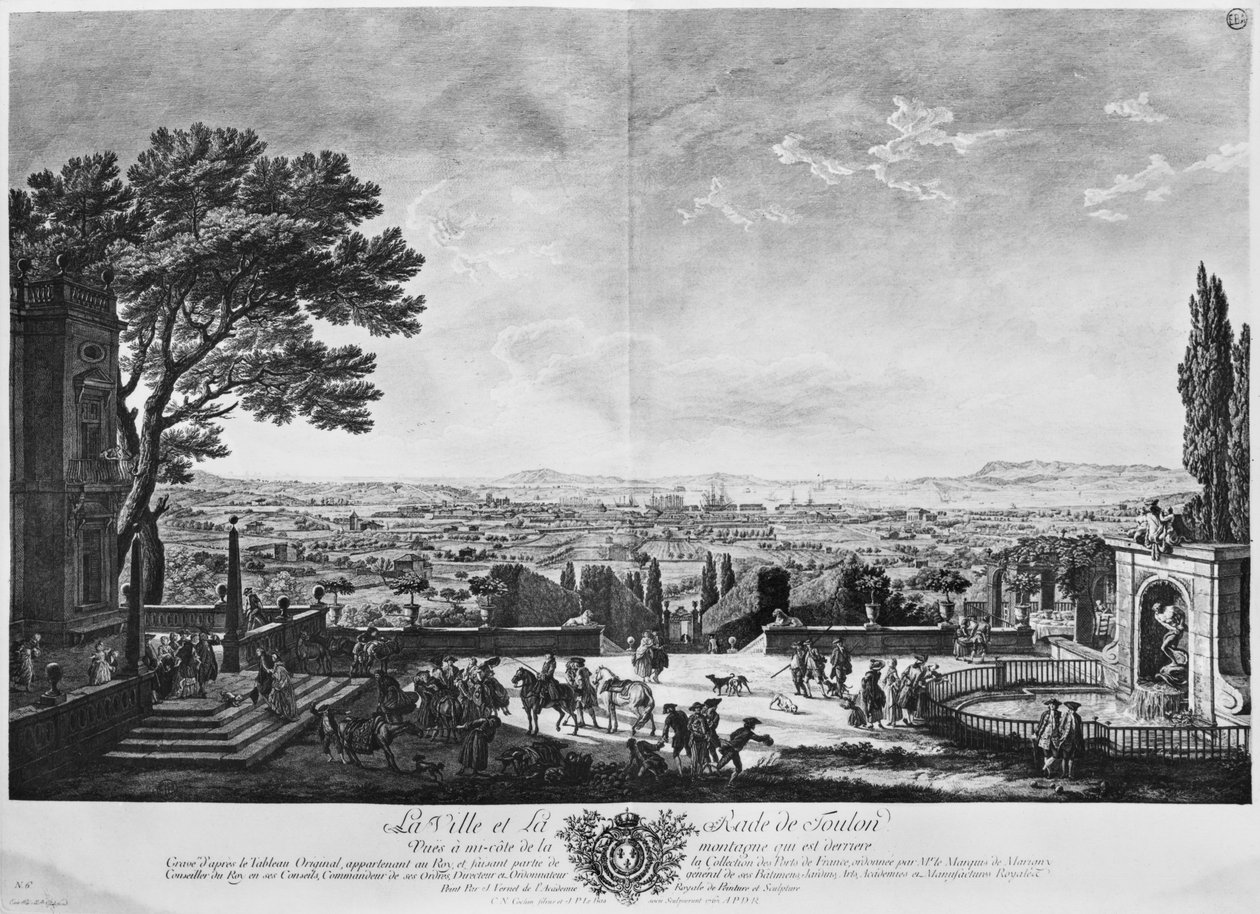 Toulons by og havn, set fra halvvejs ned ad bjerget bagved, serie af "Les Ports de France", graveret af Charles Nicolas Cochin den Yngre (1715-90) og Jacques Philippe Le Bas (1707-83) 176 af Claude Joseph Vernet