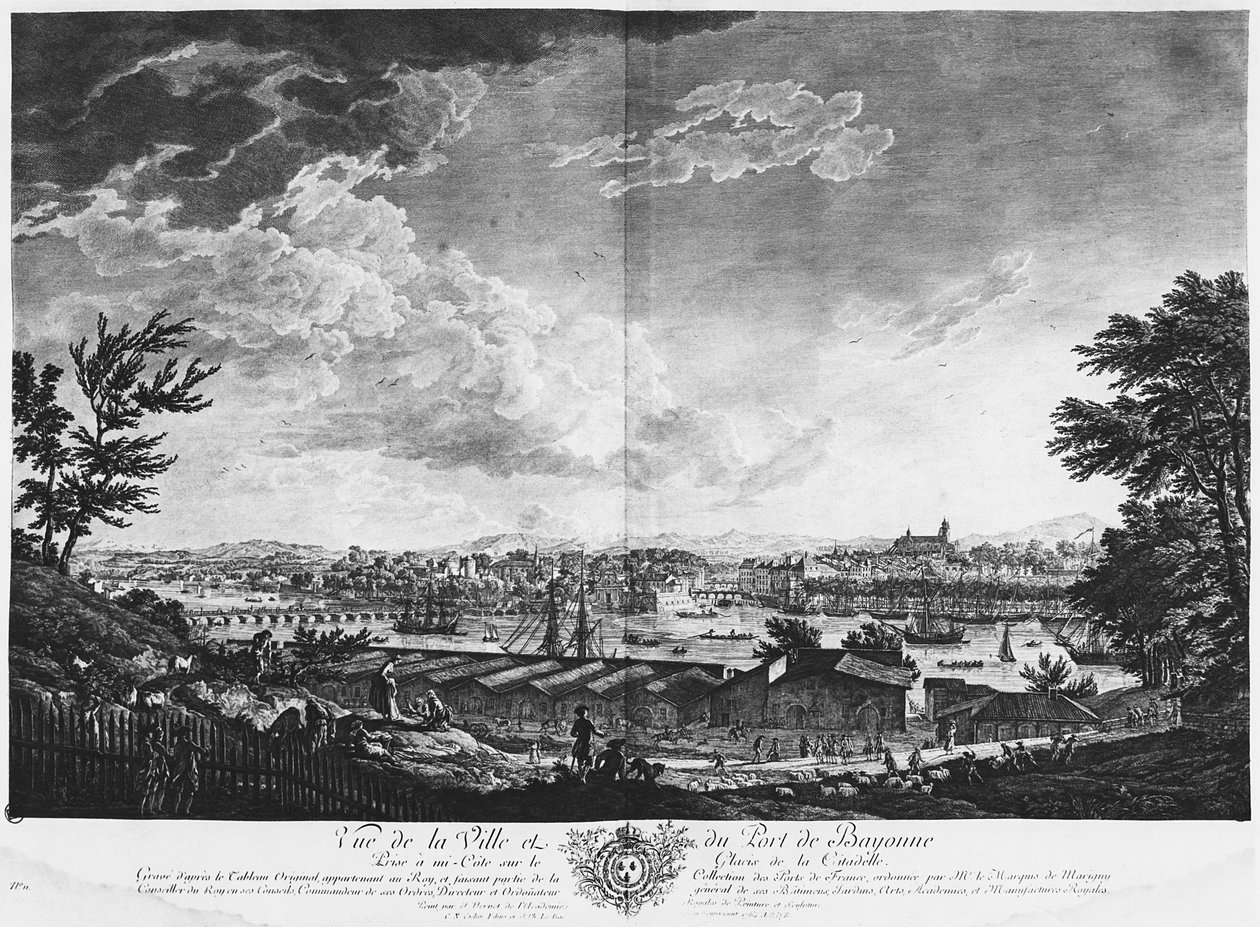 Udsigt over byen og havnen i Bayonne set fra halvvejs nede af citadellet, serie af 