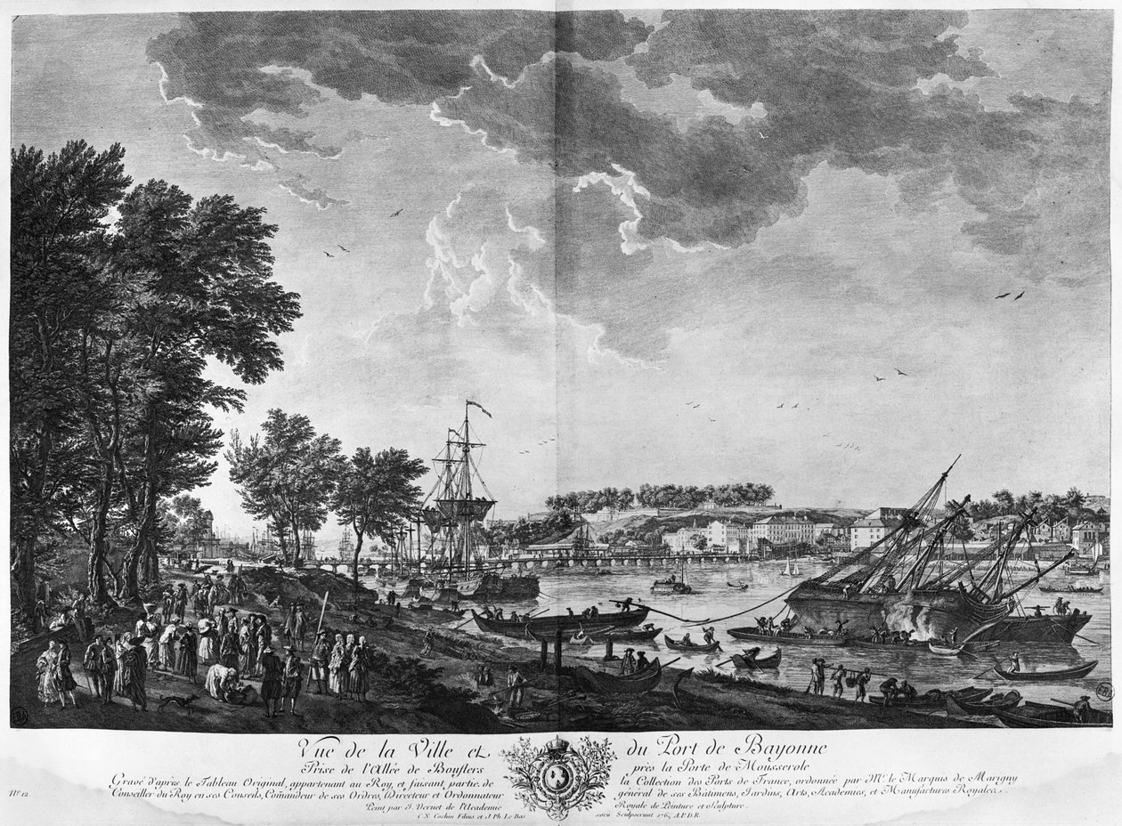 Udsigt over byen og havnen i Bayonne set fra Bouflers-alléen nær Mousserole-porten, serie af "Les Ports de France", graveret af Charles Nicolas Cochin den yngre (1715-90) og Jacques af Claude Joseph Vernet