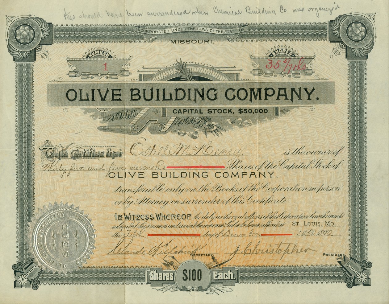 Olive Street Building Company lagerbevis udstedt til Estill M. Henry, 5. december 1892 af Claude Kirkpatrick