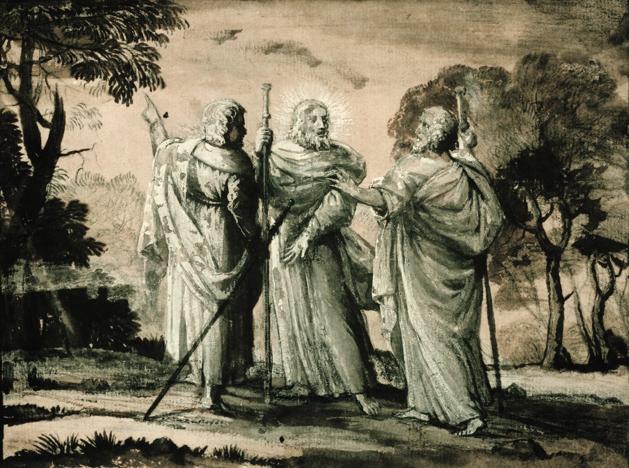 Rejsen til Emmaus (sort kridt og gouache på papir) af Claude Lorrain