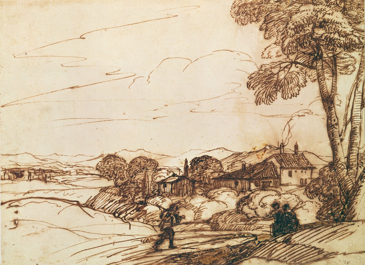 Landskab (pen og bistre og vask på papir) af Claude Lorrain