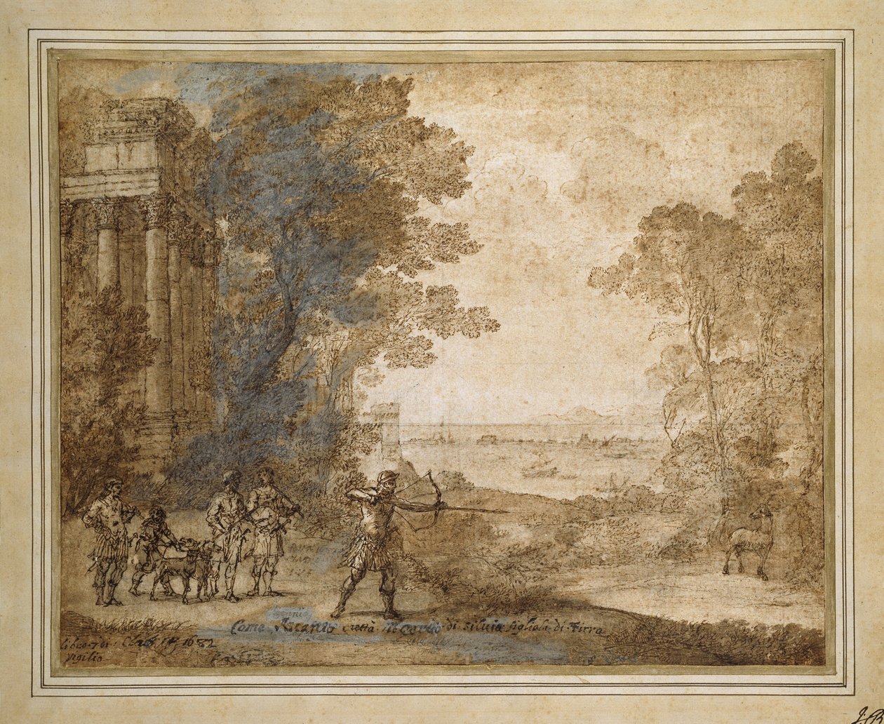 Landskab med Ascanius skyder Sylvias hjort, 1680-82 (Svagt sort kridt med kuglepen og brunt blæk, brun vask og hvid kropsfarve) af Claude Lorrain