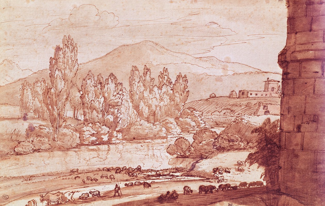 Landskab med en flod, en flok kvæg og en hyrde (pen, wc og bistre vask) af Claude Lorrain