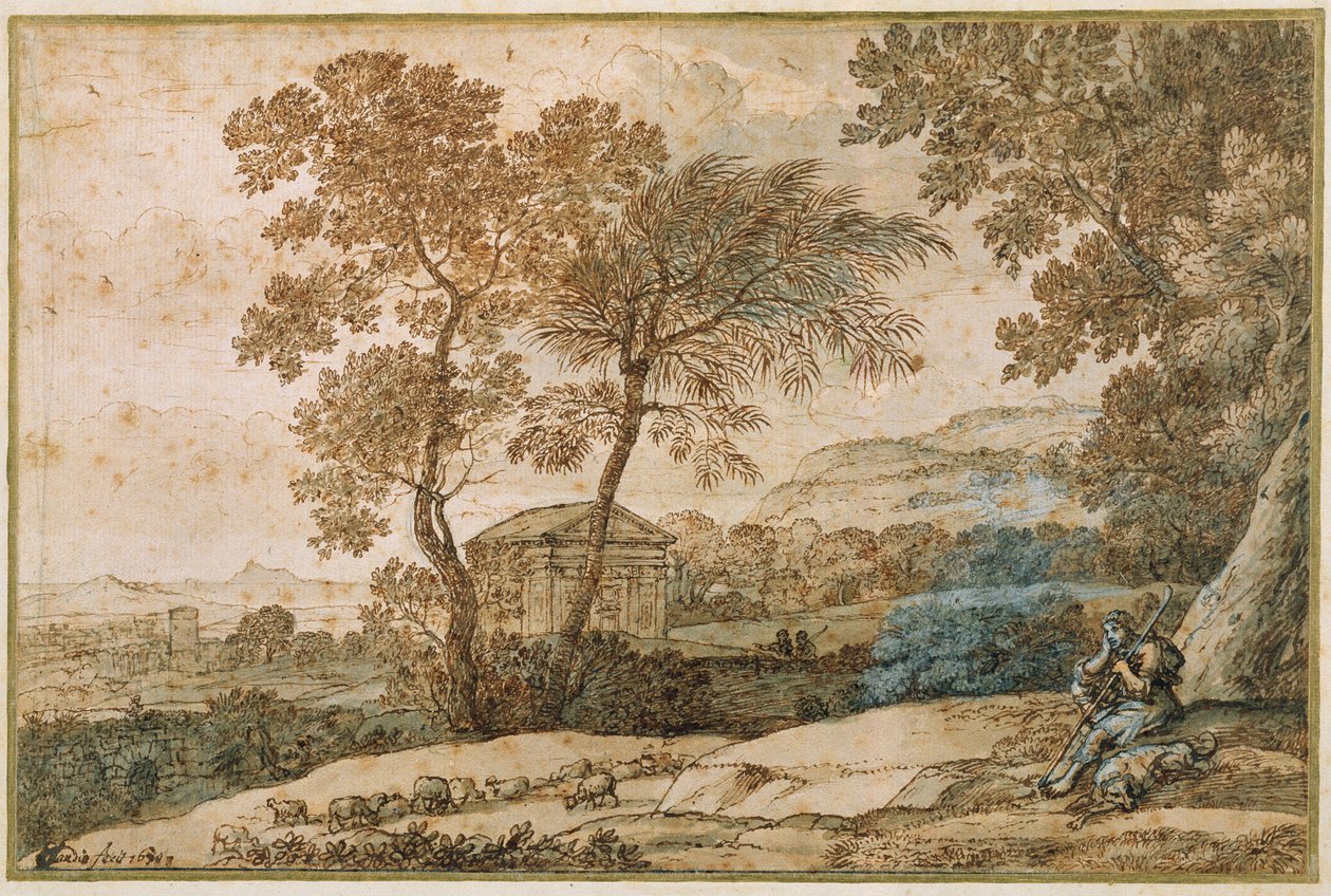 Landskab med en hyrde og hans hund (pen og blæk på papir) af Claude Lorrain