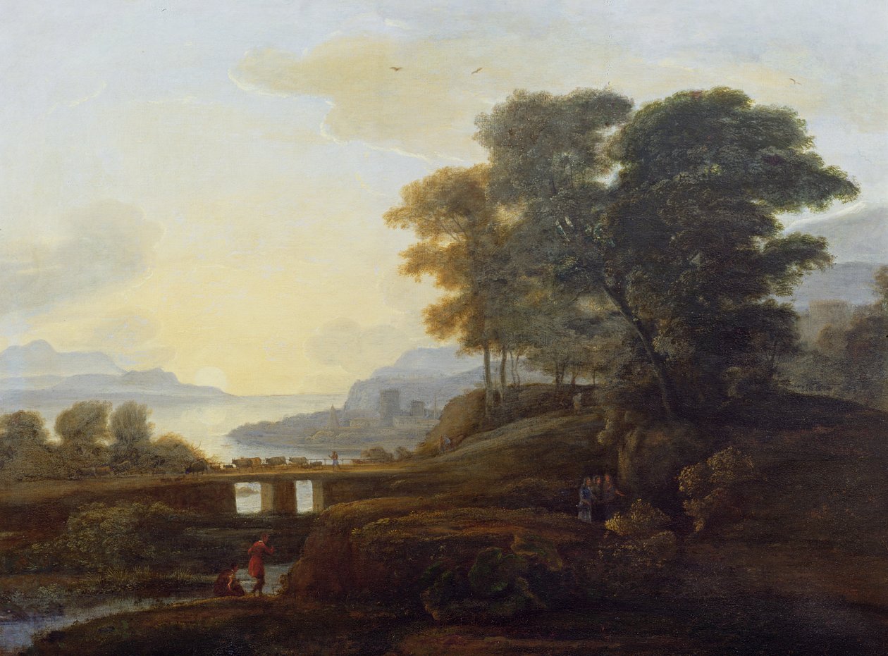 Landskab med kvæg og geder, der krydser en bro af Claude Lorrain