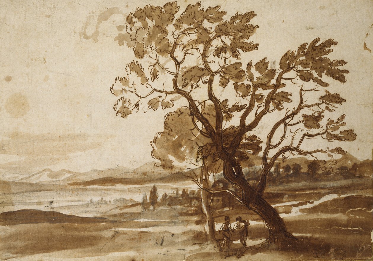 Landskab med to træer, ca.1638 (sort kridt med pen og brun blæk og brun vask på naturfarvet papir) af Claude Lorrain