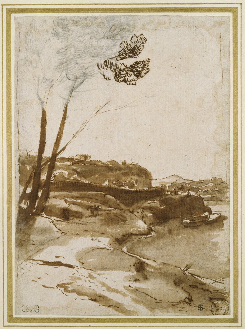 Sti langs Tiberen, ca. 1635-40 (sort kridt med pen og brun tusch og brun vask på hvidt papir) af Claude Lorrain
