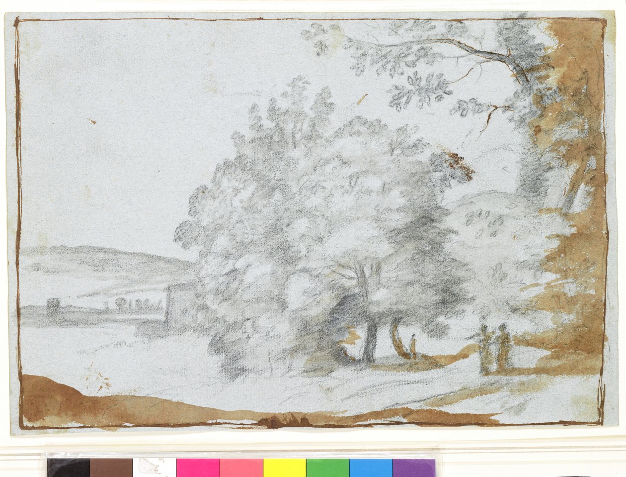 Solbelyst landskab med træer (sort kridt og brun vask på papir) af Claude Lorrain
