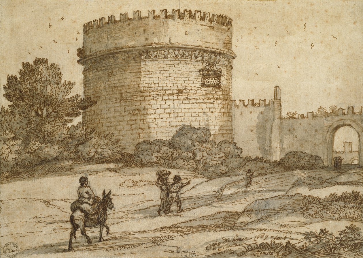 Cecilia Metellas grav, 1669 (sort kridt med kuglepen og brun blæk og gråbrune vaske på et råhvidt papir med fin overflade) af Claude Lorrain