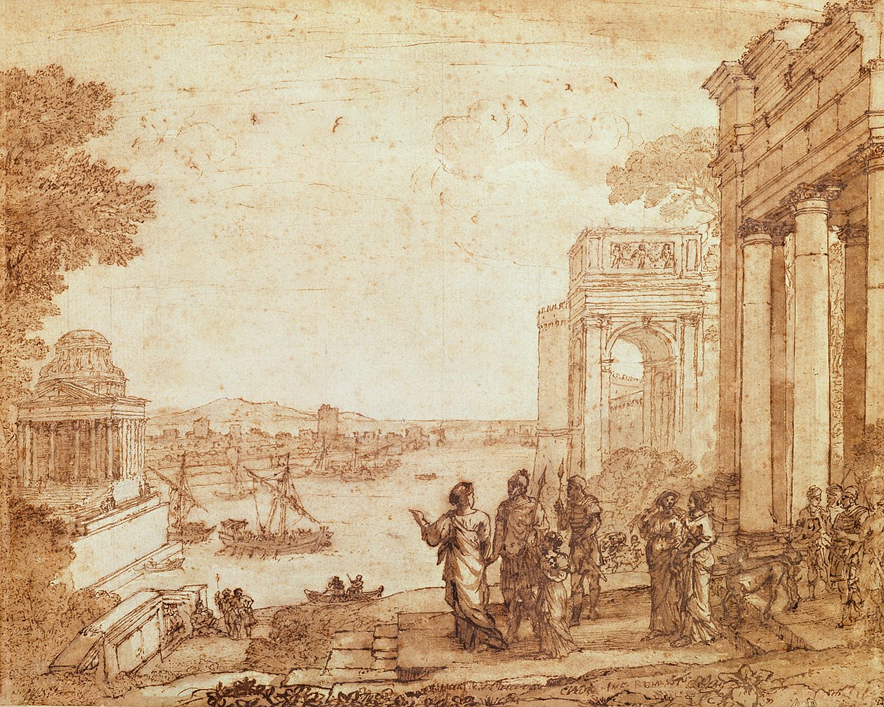 Udsigt over Karthago med Dido og Aeneas (pen, akvarel og bistre vask) af Claude Lorrain