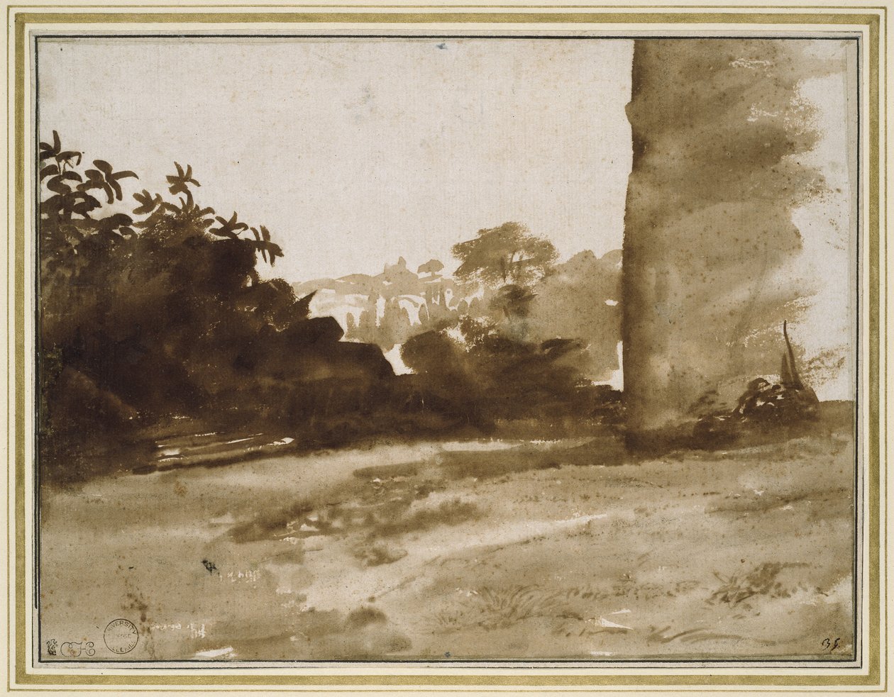 Udsigt over buskads med en mur til højre, ca. 1640 (svage spor af sort kridt med pensel og brun vask på hvidt papir) af Claude Lorrain