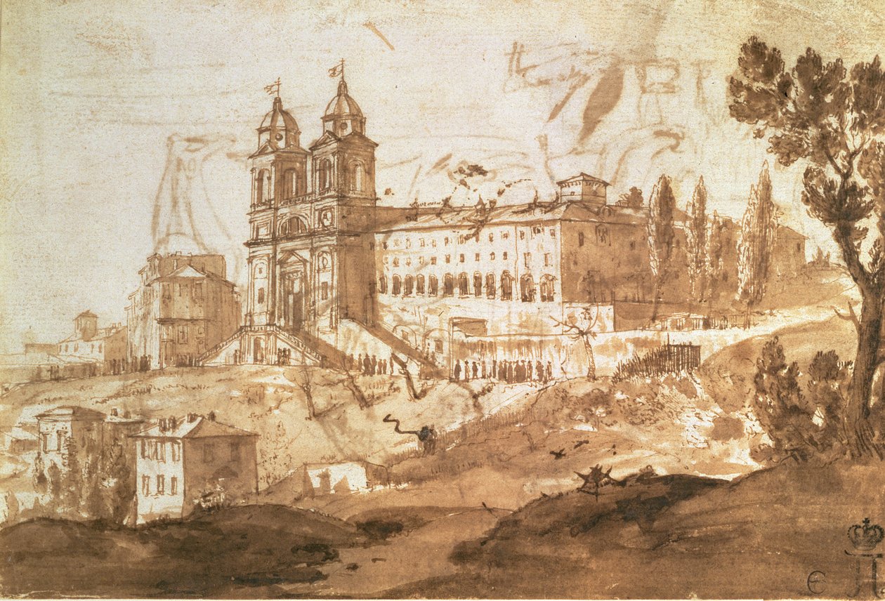 Udsigt over kirken S. Trinita dei Monti, Rom, ca. 1632 (pen og blæk med brun vask) af Claude Lorrain