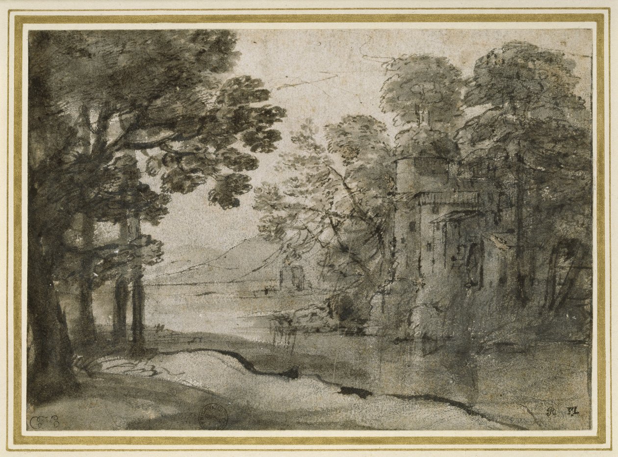 Vandmølle blandt træer, ca.1635-38 (pen og sort blæk med grå vask over sort kridt på hvidt papir) af Claude Lorrain