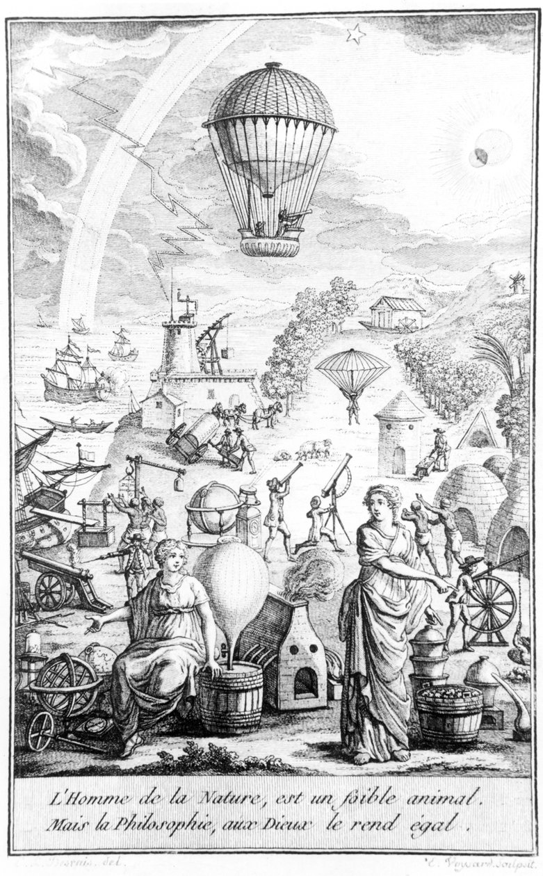 Allegori lavet i perioden med den franske revolution, der illustrerer fordelene for menneskeheden af tekniske og videnskabelige opdagelser af Claude Louis Desrais
