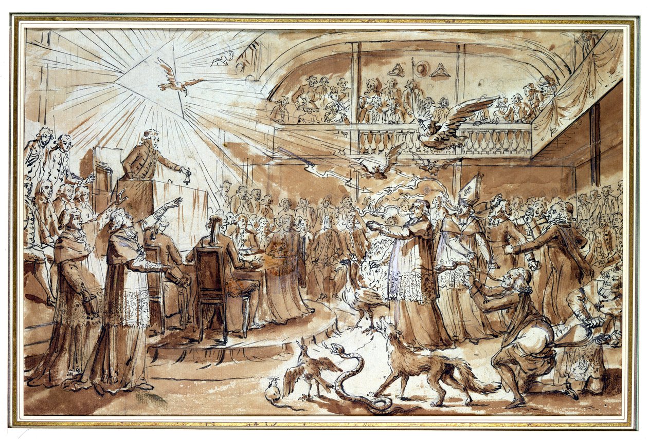 Karikatur af gejstligheden ved den grundlovgivende forsamling i december 1790, der modbeviser påtvingelsen af den civile forfatning på kirken, 1790 (pen og blæk og vask på papir) af Claude Louis Desrais