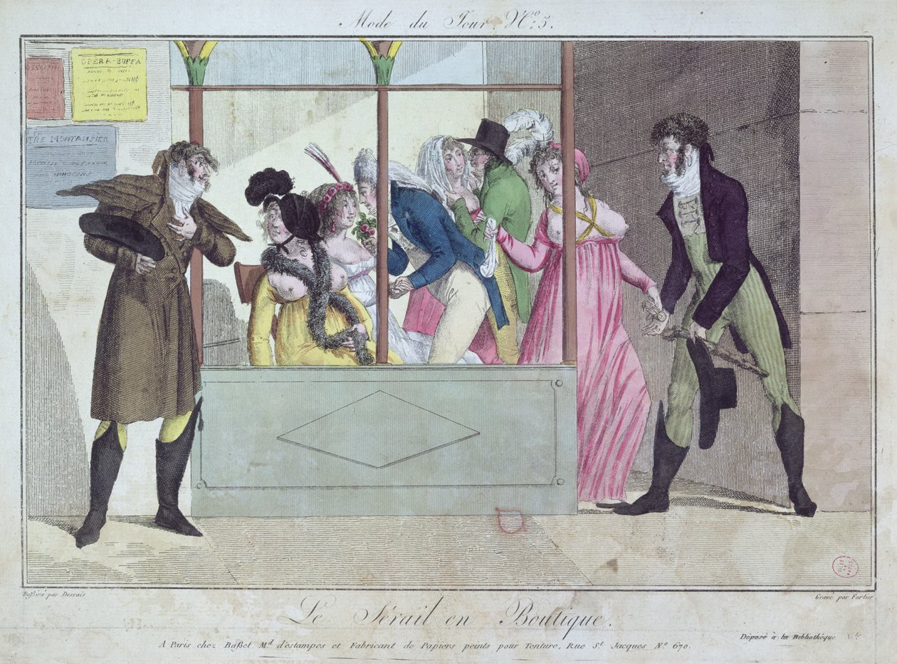 Prostituerede i Palais-Royal, fra Mode du Jour, graveret af Fortier, tidligt i det 19. århundrede (håndkoloreret stik) af Claude Louis Desrais
