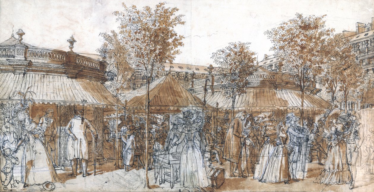 Palais Royal Garden Walk i 1787 (pen og brunt blæk på papir) af Claude Louis Desrais