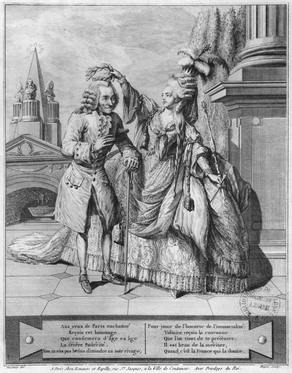 Voltaire kronet af Mademoiselle Clairon, graveret af Jean Victor (f.1718) 1791 af Claude Louis Desrais
