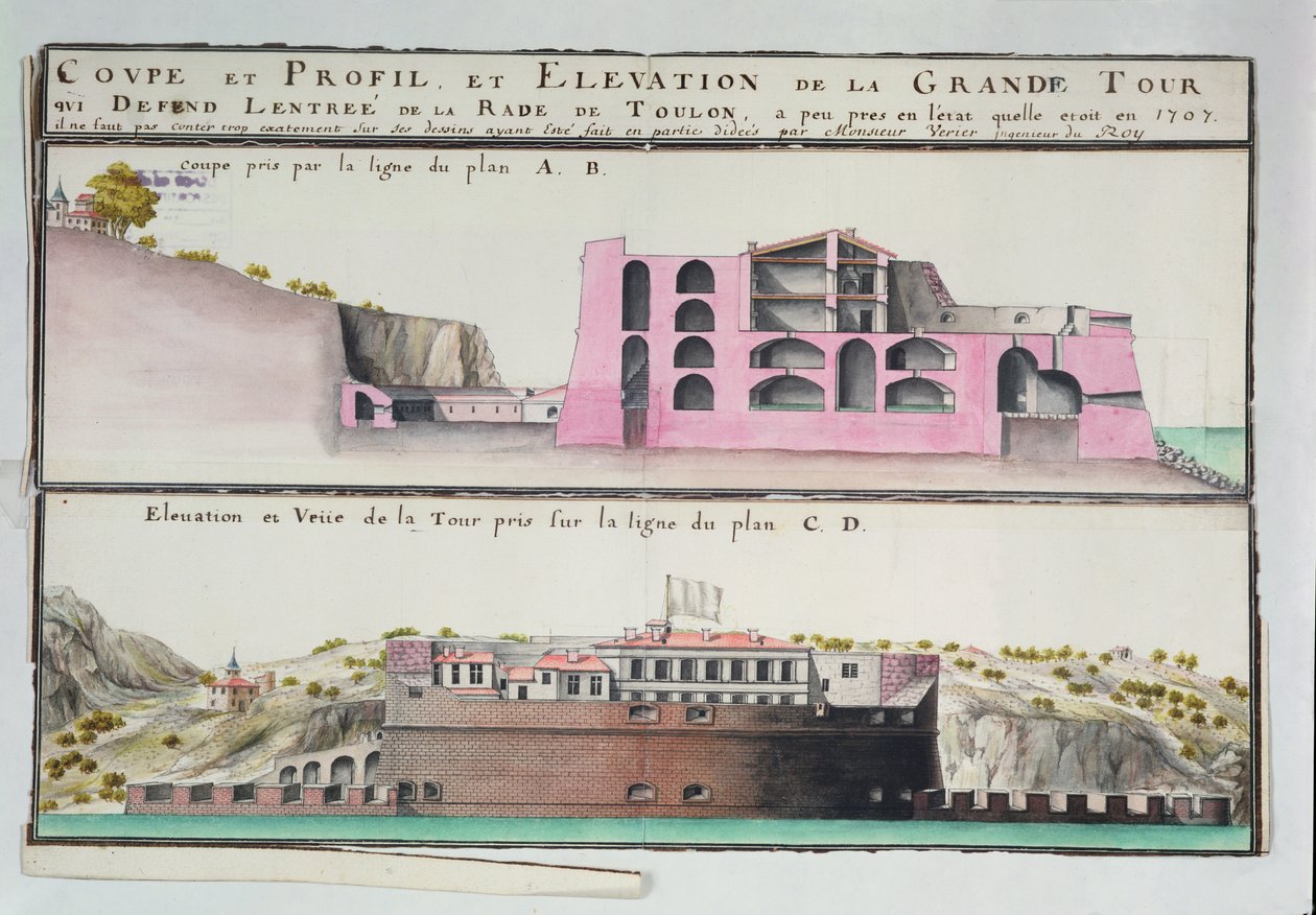 Ms 508131 K fol.107 Tværsnit og højde af havnetårnet i Toulon, fra 