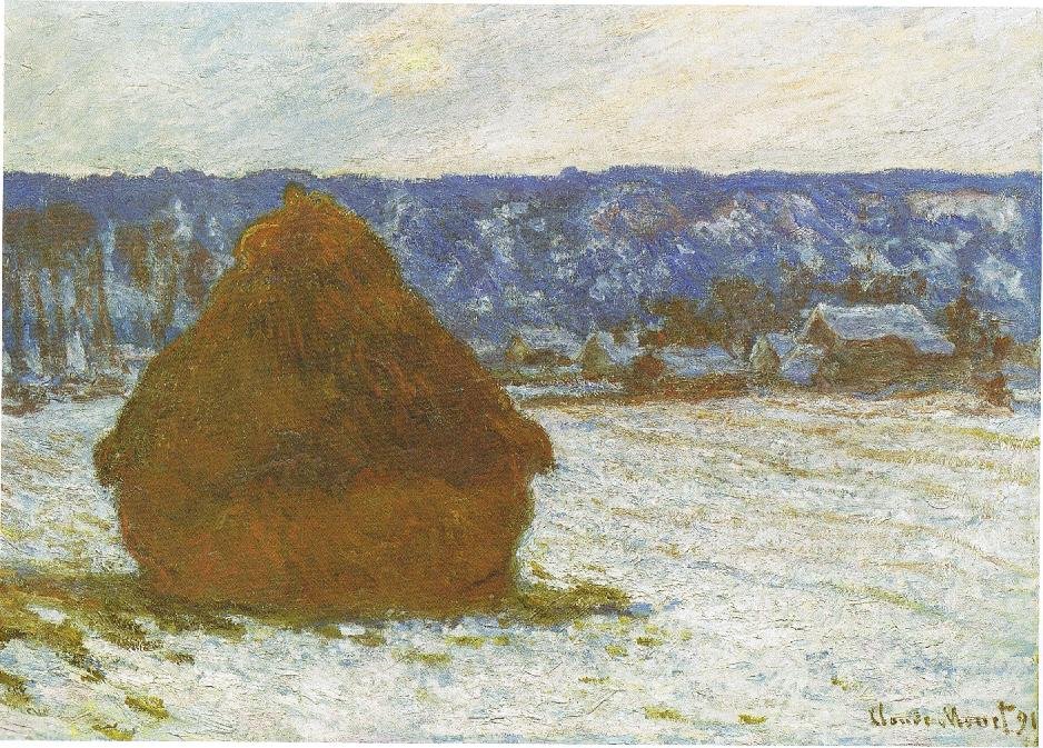 Stak hvede sneeffekt, overskyet dag, Francais: Meubles, effet de neige af Claude Monet