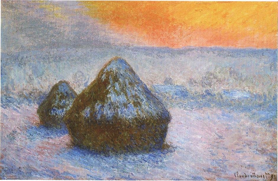 Stakke af hvedesolnedgang, sneeffekt af Claude Monet