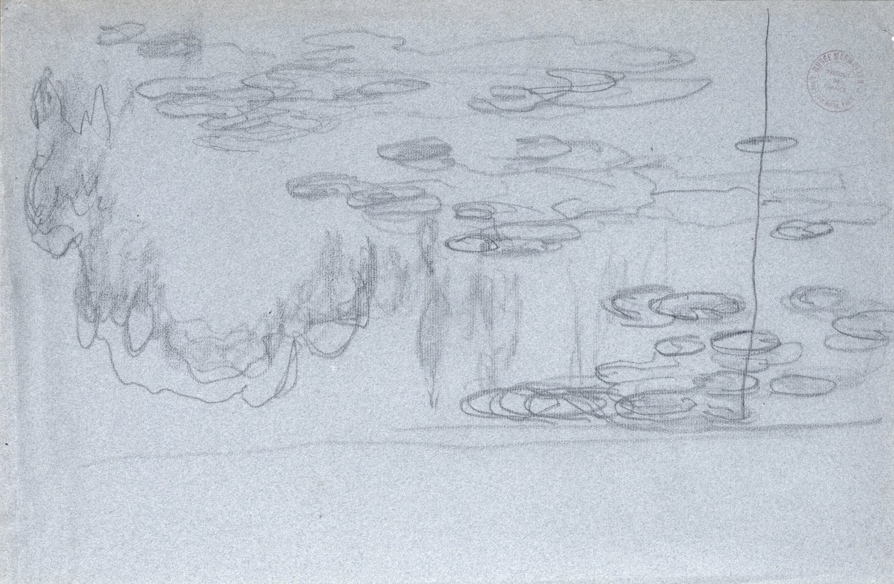 Vandliljer, ca. 1918 (sort farvekridt på blåkridtpapir) af Claude Monet