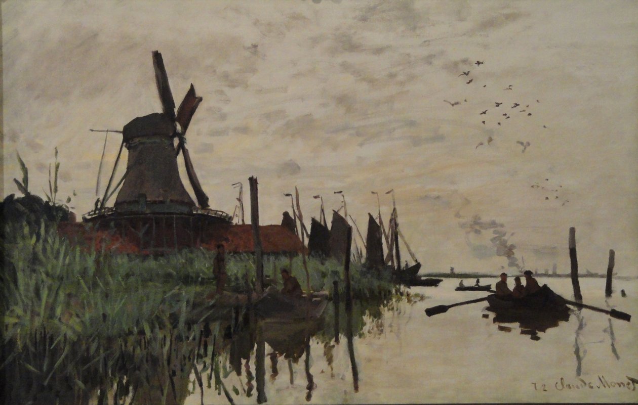 Vindmølle og både nær Zaandam, Holland af Claude Monet