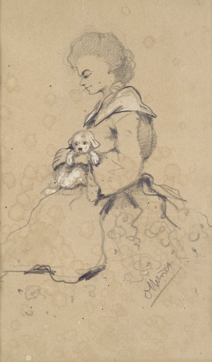 Kvinder holder en lille hund, 1857 (sort og hvidt kridt på papir) af Claude Monet