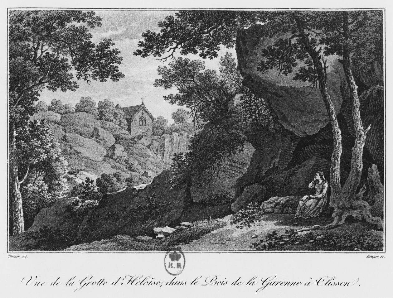 Udsigt over Heloise-grotten i parken La Garenne ved Clisson, illustration fra 
